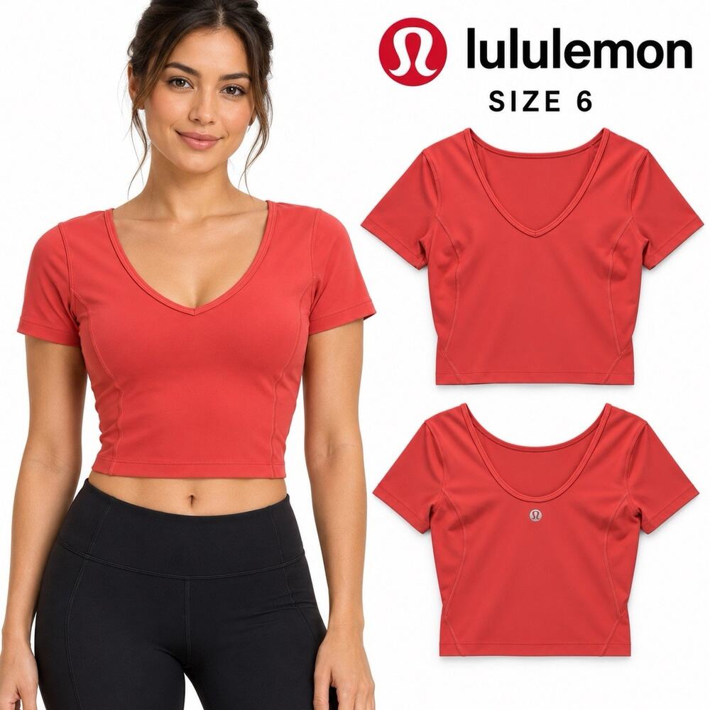Lululemon Women’s Size 6 Align Coral Red Cropped Short Sleeve V Neck Yoga Top